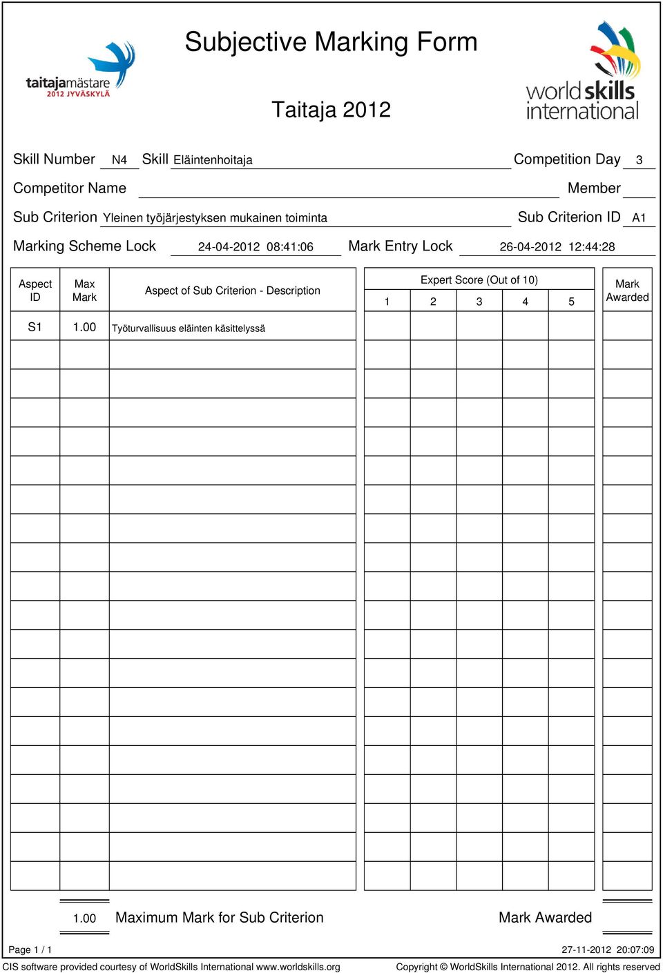 Entry Lock 26-04-2012 12:44:28 Expert Score (Out of 10) 1 2 3 4 5