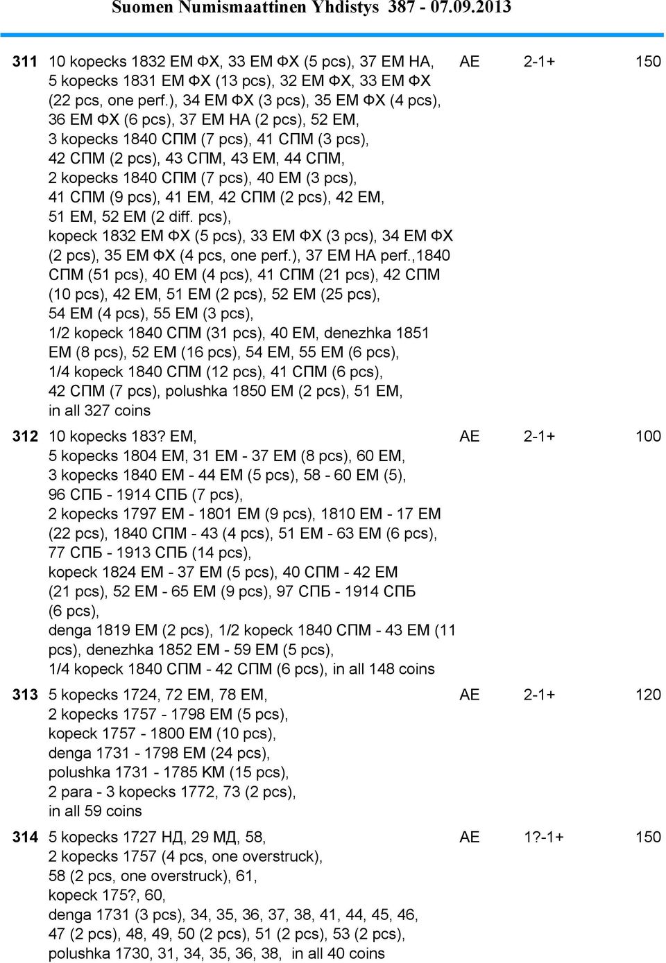 (3 pcs), 41 СПM (9 pcs), 41 EM, 42 СПM (2 pcs), 42 EM, 51 EM, 52 EM (2 diff. pcs), kopeck 1832 EM ФХ (5 pcs), 33 EM ФХ (3 pcs), 34 EM ФХ (2 pcs), 35 EM ФХ (4 pcs, one perf.), 37 EM HA perf.