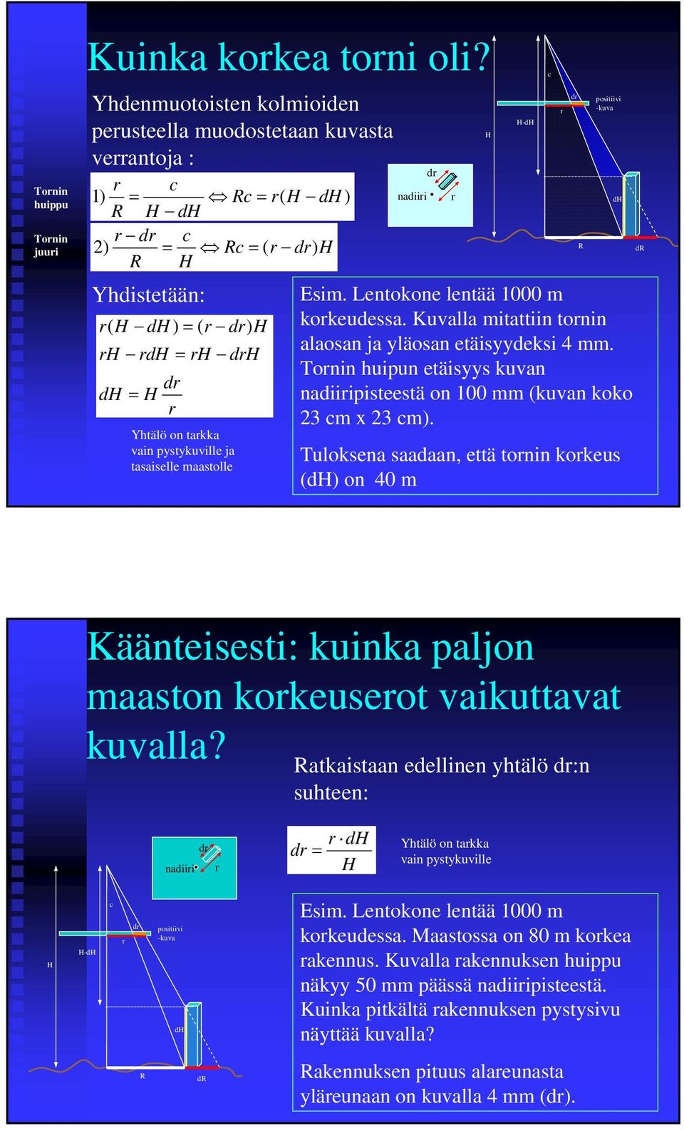 Yhtälö on tarkka vain pystykuville ja tasaiselle maastolle nadiiri dr r H H-dH c r dr R positiivi -kuva Esim. Lentokone lentää 1000 m korkeudessa.