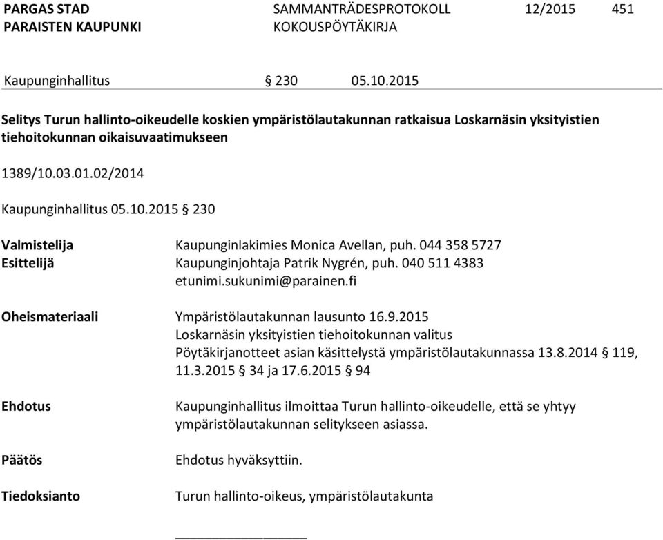 03.01.02/2014 Kaupunginhallitus 05.10.2015 230 Valmistelija Kaupunginlakimies Monica Avellan, puh. 044 358 5727 Esittelijä Kaupunginjohtaja Patrik Nygrén, puh.