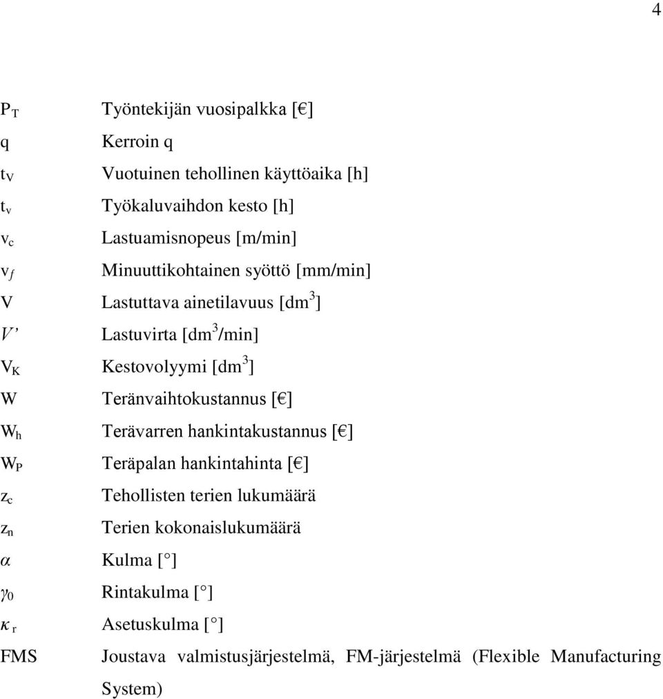 Teränvaihtokustannus [ ] W h Terävarren hankintakustannus [ ] W P Teräpalan hankintahinta [ ] z c z n Tehollisten terien lukumäärä Terien