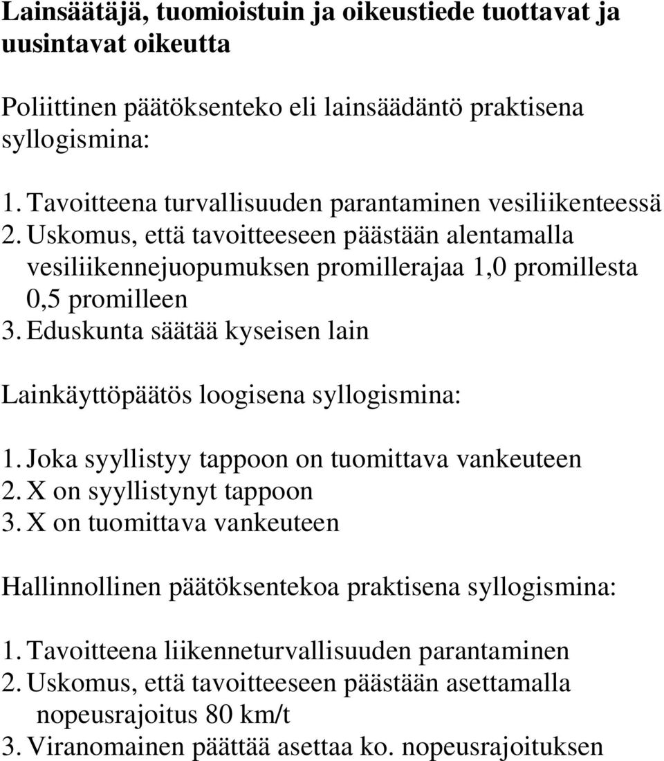 Eduskunta säätää kyseisen lain Lainkäyttöpäätös loogisena syllogismina: 1. Joka syyllistyy tappoon on tuomittava vankeuteen 2. X on syyllistynyt tappoon 3.