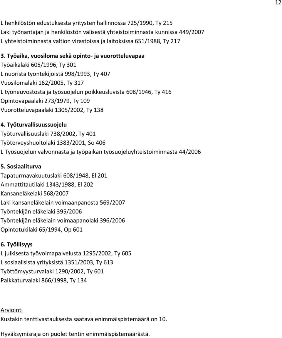 Työaika, vuosiloma sekä opinto- ja vuorotteluvapaa Työaikalaki 605/1996, Ty 301 L nuorista työntekijöistä 998/1993, Ty 407 Vuosilomalaki 162/2005, Ty 317 L työneuvostosta ja työsuojelun