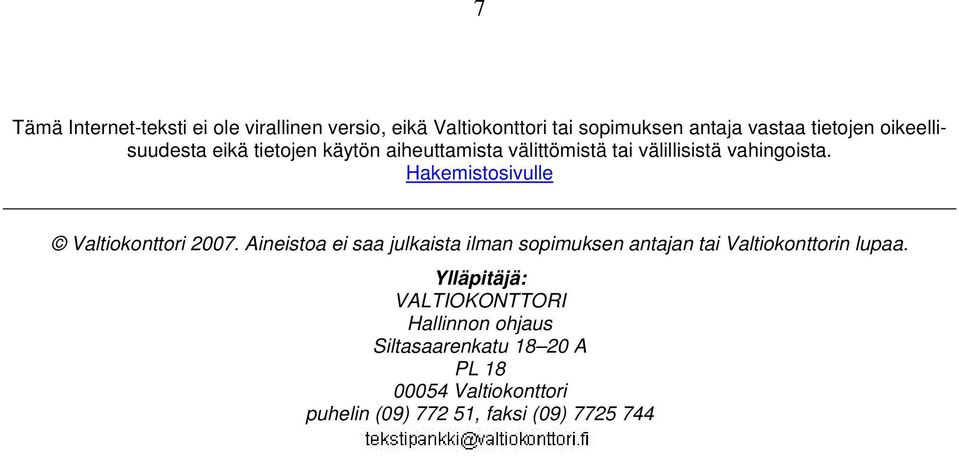 Hakemistosivulle Valtiokonttori 2007.