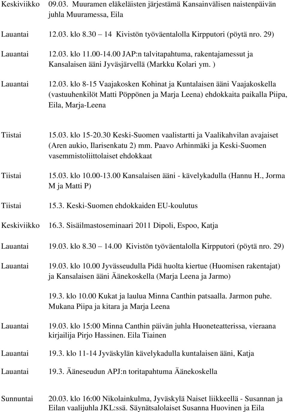 klo 8-15 Vaajakosken Kohinat ja Kuntalaisen ääni Vaajakoskella (vastuuhenkilöt Matti Pöppönen ja Marja Leena) ehdokkaita paikalla Piipa, Eila, Marja-Leena 15.03. klo 15-20.