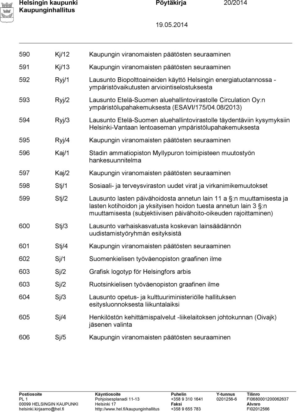 08/2013) 594 Ryj/3 Lausunto Etelä-Suomen aluehallintovirastolle täydentäviin kysymyksiin Helsinki-Vantaan lentoaseman ympäristölupahakemuksesta 595 Ryj/4 Kaupungin viranomaisten päätösten seuraaminen