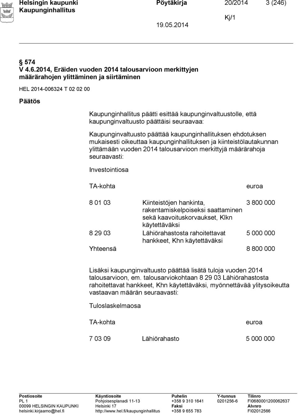 2014, Eräiden vuoden 2014 talousarvioon merkittyjen määrärahojen ylittäminen ja siirtäminen HEL 2014-006324 T 02 02 00 Päätös päätti esittää kaupunginvaltuustolle, että kaupunginvaltuusto päättäisi