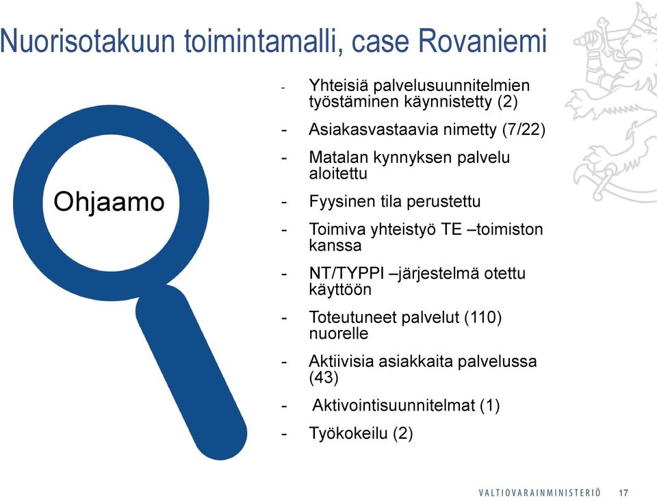 perustettu - Toimiva yhteistyö TE toimiston kanssa - NT/TYPPI järjestelmä otettu käyttöön - Toteutuneet