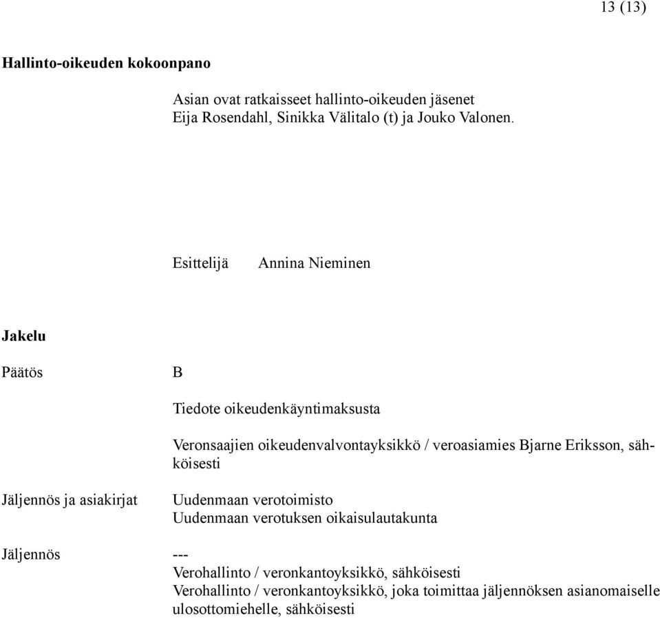 Esittelijä Annina Nieminen Jakelu Päätös B Tiedote oikeudenkäyntimaksusta Veronsaajien oikeudenvalvontayksikkö / veroasiamies Bjarne