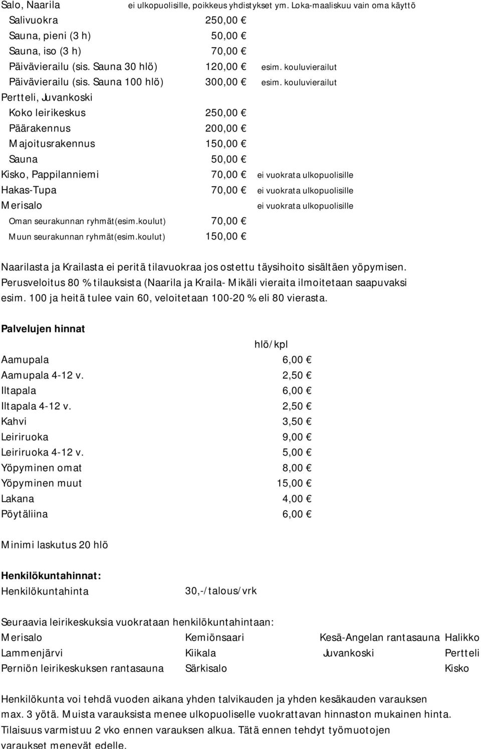 ulkopuolisille Merisalo ei vuokrata ulkopuolisille Oman seurakunnan ryhmät(esim.koulut) 70,00 Muun seurakunnan ryhmät(esim.koulut) 150,00 ei ulkopuolisille, poikkeus yhdistykset ym.
