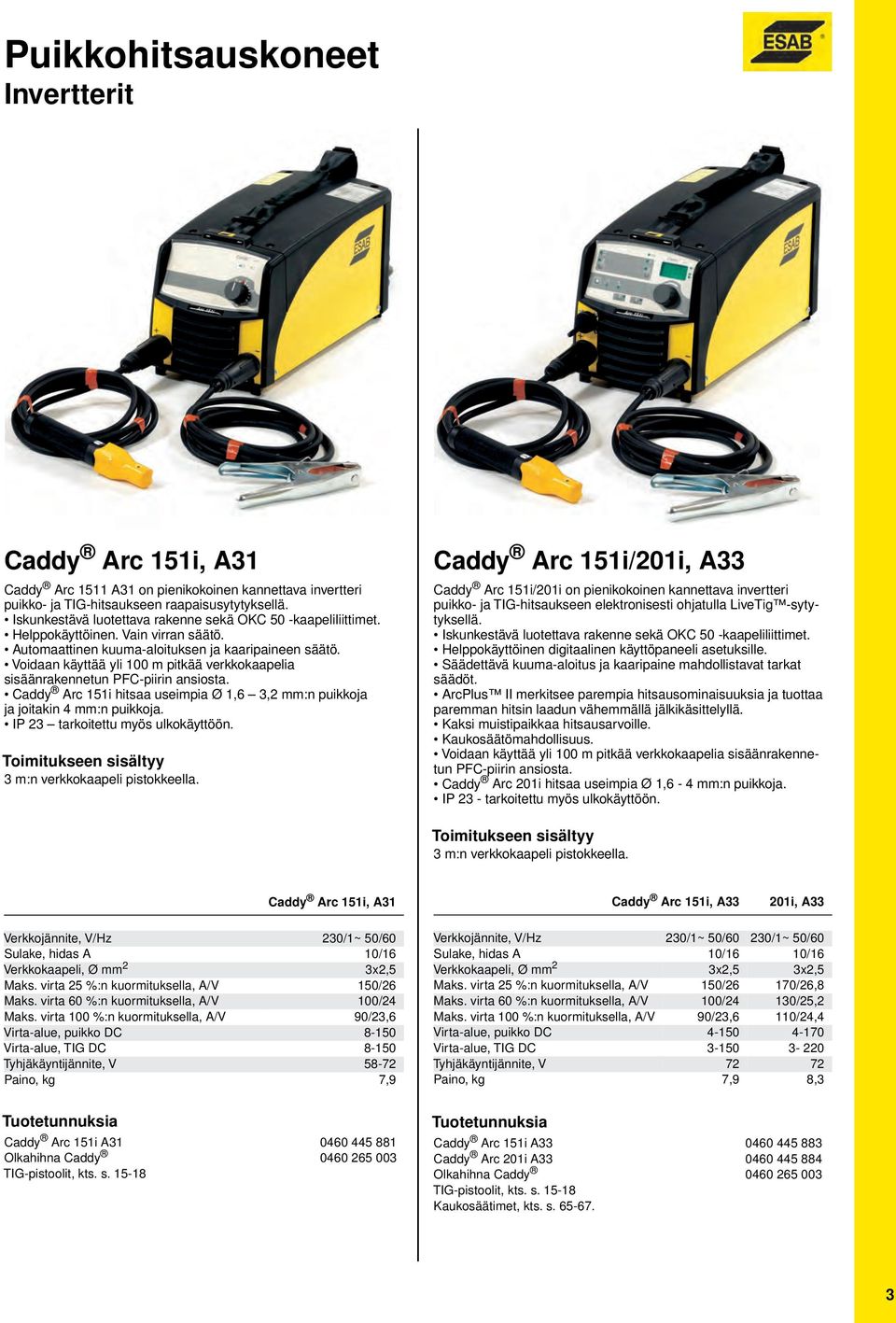 Voidaan käyttää yli 100 m pitkää verkkokaapelia sisäänrakennetun PFCpiirin ansiosta. Caddy Arc 151i hitsaa useimpia Ø 1,6 3,2 mm:n puikkoja ja joitakin 4 mm:n puikkoja.