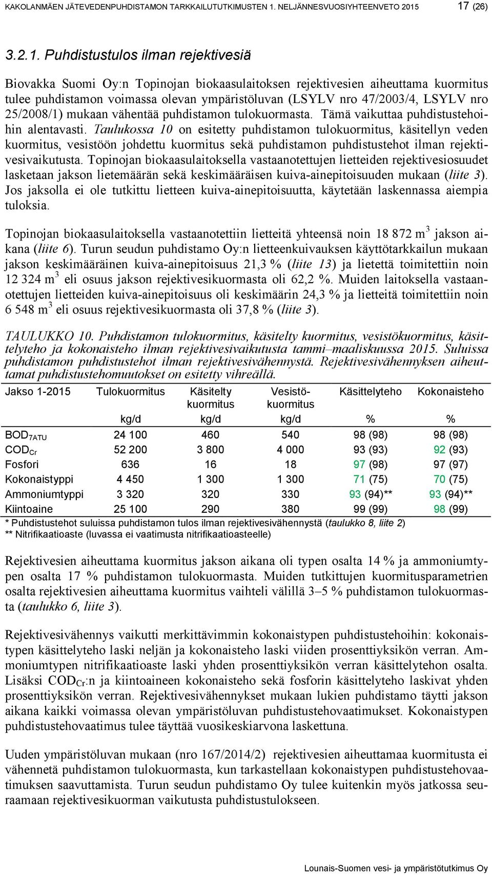 17 (26) 3.2.1. Puhdistustulos ilman rejektivesiä Biovakka Suomi Oy:n Topinojan biokaasulaitoksen rejektivesien aiheuttama kuormitus tulee puhdistamon voimassa olevan ympäristöluvan (LSYLV nro