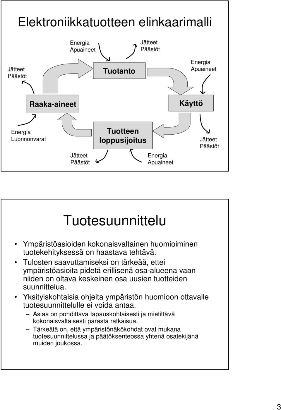 Tulosten saavuttamiseksi on tärkeää, ettei ympäristöasioita pidetä erillisenä osa-alueena vaan niiden on oltava keskeinen osa uusien tuotteiden suunnittelua.