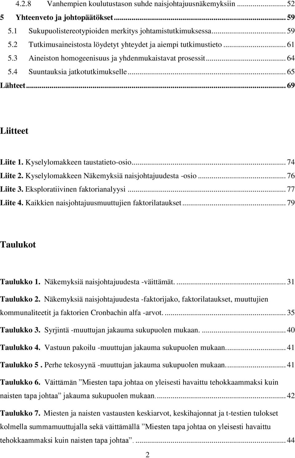Kyselylomakkeen Näkemyksiä naisjohtajuudesta -osio... 76 Liite 3. Eksploratiivinen faktorianalyysi... 77 Liite 4. Kaikkien naisjohtajuusmuuttujien faktorilataukset... 79 Taulukot Taulukko 1.
