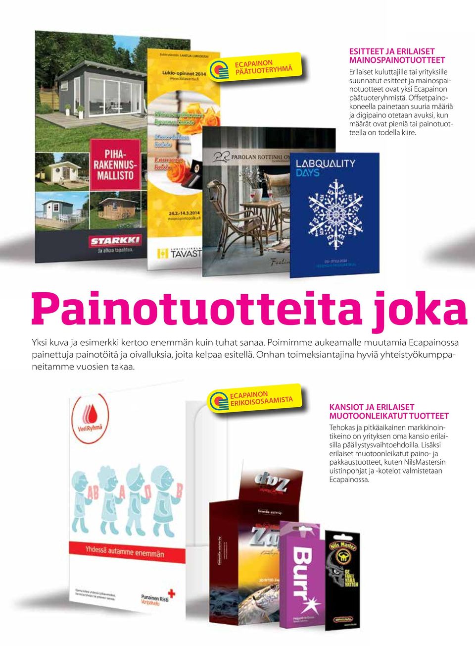 Painotuotteita joka Yksi kuva ja esimerkki kertoo enemmän kuin tuhat sanaa. Poimimme aukeamalle muutamia Ecapainossa painettuja painotöitä ja oivalluksia, joita kelpaa esitellä.