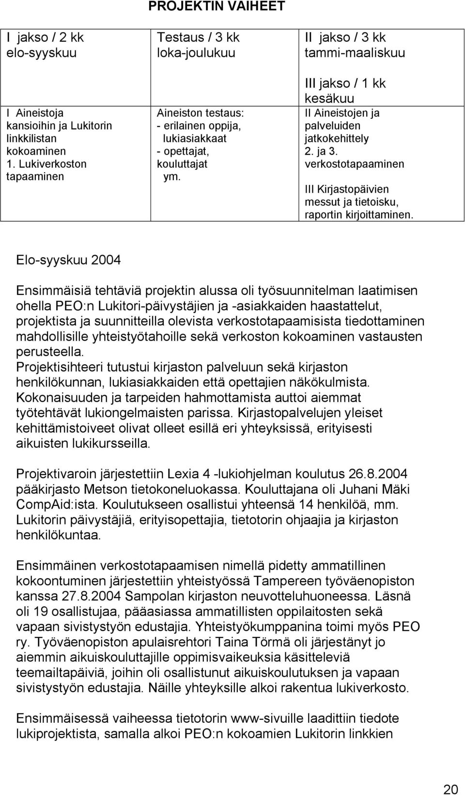 II jakso / 3 kk tammi-maaliskuu III jakso / 1 kk kesäkuu II Aineistojen ja palveluiden jatkokehittely 2. ja 3. verkostotapaaminen III Kirjastopäivien messut ja tietoisku, raportin kirjoittaminen.