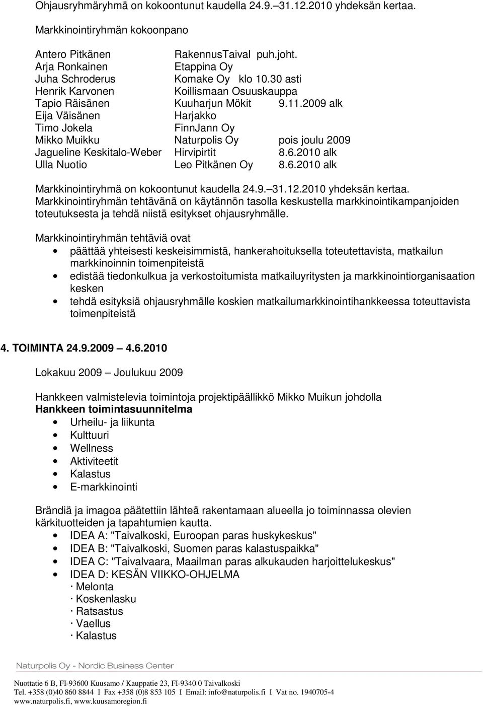 2009 alk Eija Väisänen Harjakko Timo Jokela FinnJann Oy Mikko Muikku Naturpolis Oy pois joulu 2009 Jagueline Keskitalo-Weber Hirvipirtit 8.6.2010 alk Ulla Nuotio Leo Pitkänen Oy 8.6.2010 alk Markkinointiryhmä on kokoontunut kaudella 24.