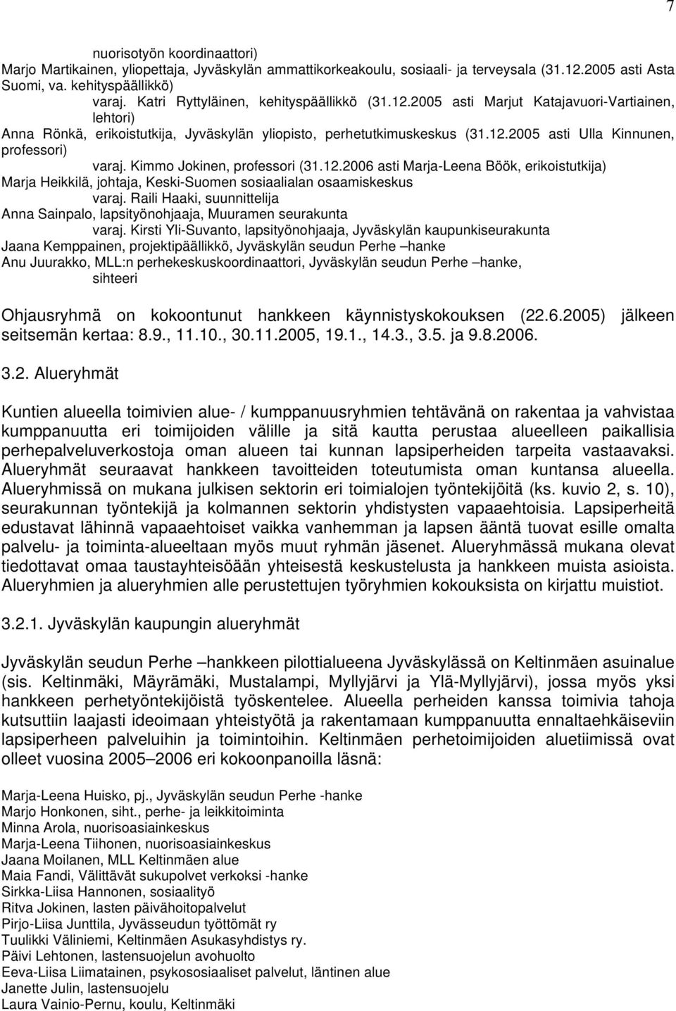 Kimmo Jokinen, professori (31.12.2006 asti Marja-Leena Böök, erikoistutkija) Marja Heikkilä, johtaja, Keski-Suomen sosiaalialan osaamiskeskus varaj.