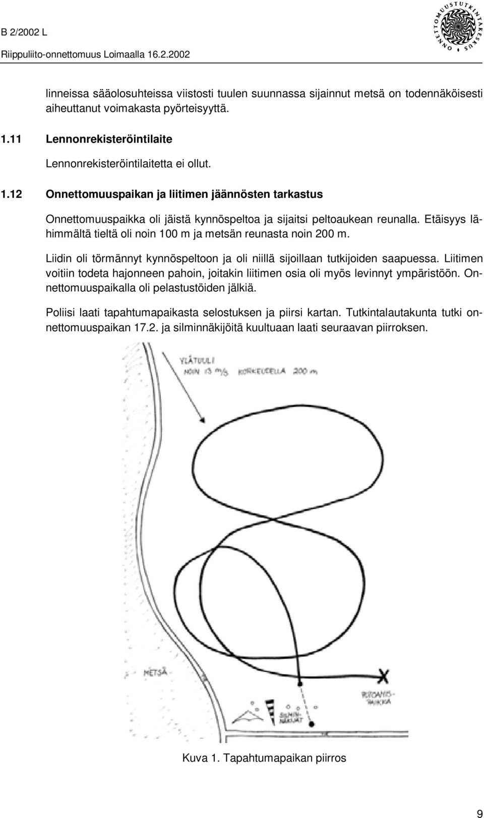 Etäisyys lähimmältä tieltä oli noin 100 m ja metsän reunasta noin 200 m. Liidin oli törmännyt kynnöspeltoon ja oli niillä sijoillaan tutkijoiden saapuessa.