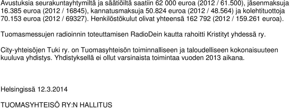 Tuomasmessujen radioinnin toteuttamisen RadioDein kautta rahoitti Kristityt yhdessä ry. City-yhteisöjen Tuki ry.
