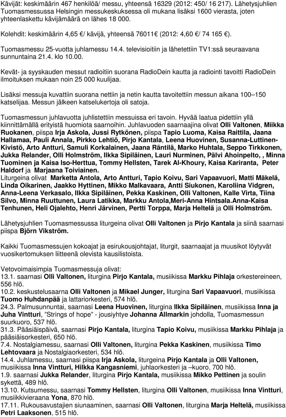Kolehdit: keskimäärin 4,65 / kävijä, yhteensä 76011 (2012: 4,60 / 74 165 ). Tuomasmessu 25-vuotta juhlamessu 14.4. televisioitiin ja lähetettiin TV1:ssä seuraavana sunnuntaina 21.4. klo 10.00.