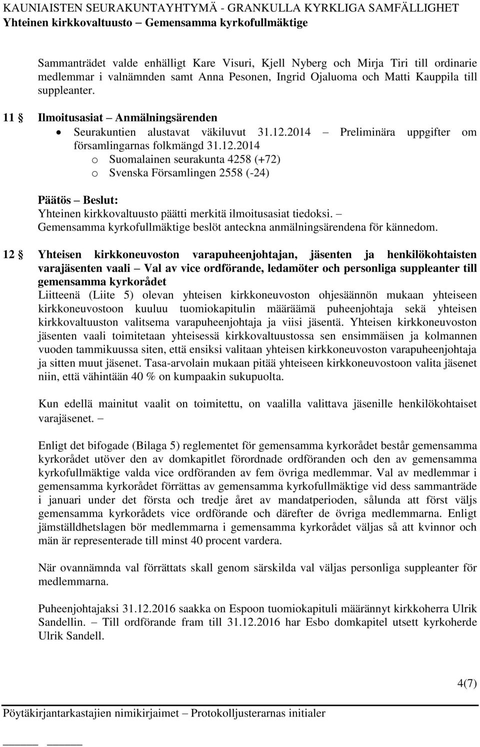 2014 Preliminära uppgifter om församlingarnas folkmängd 31.12.2014 o Suomalainen seurakunta 4258 (+72) o Svenska Församlingen 2558 (-24) Yhteinen kirkkovaltuusto päätti merkitä ilmoitusasiat tiedoksi.