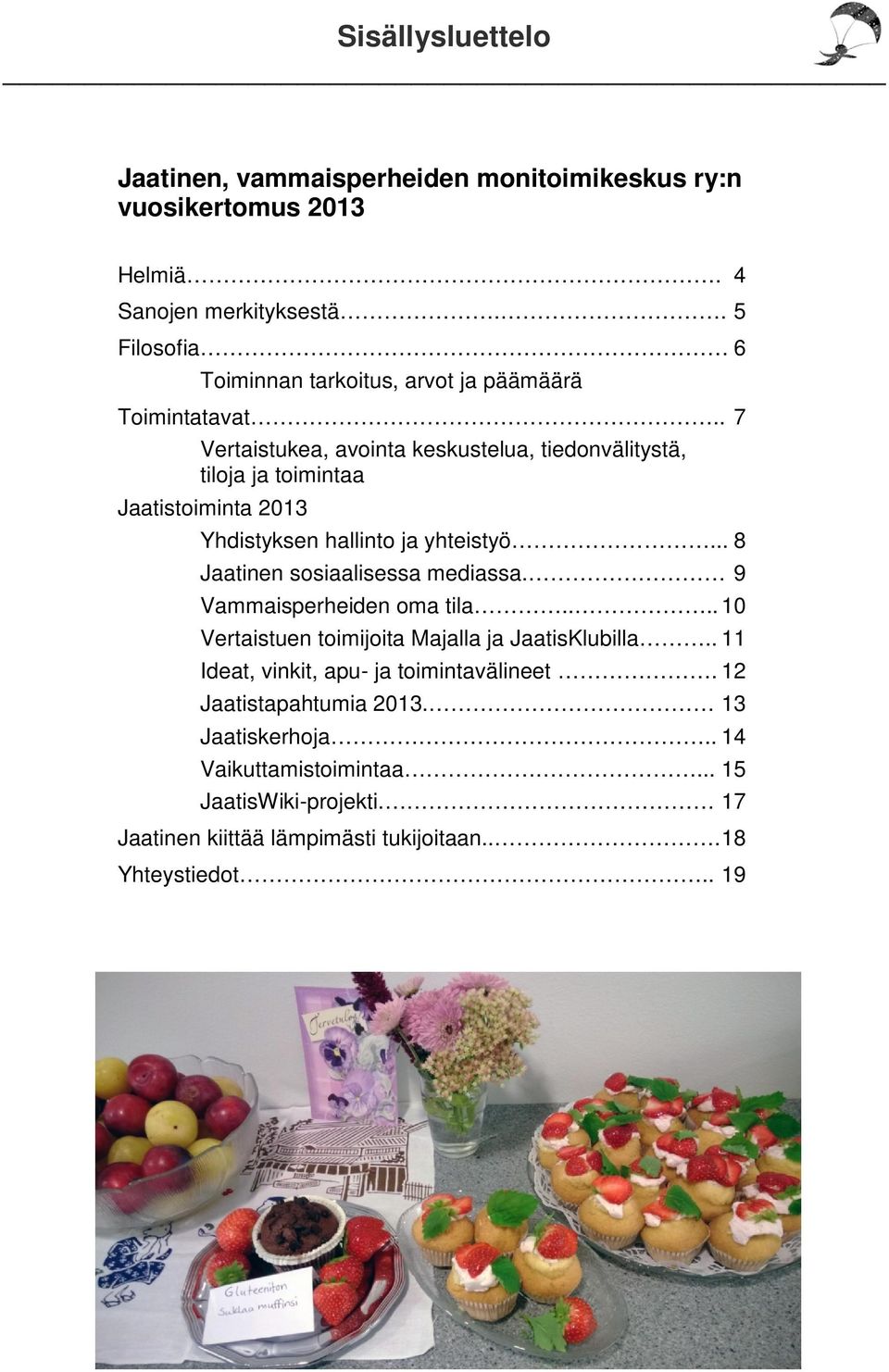 . 7 Vertaistukea, avointa keskustelua, tiedonvälitystä, tiloja ja toimintaa Jaatistoiminta 2013 Yhdistyksen hallinto ja yhteistyö.