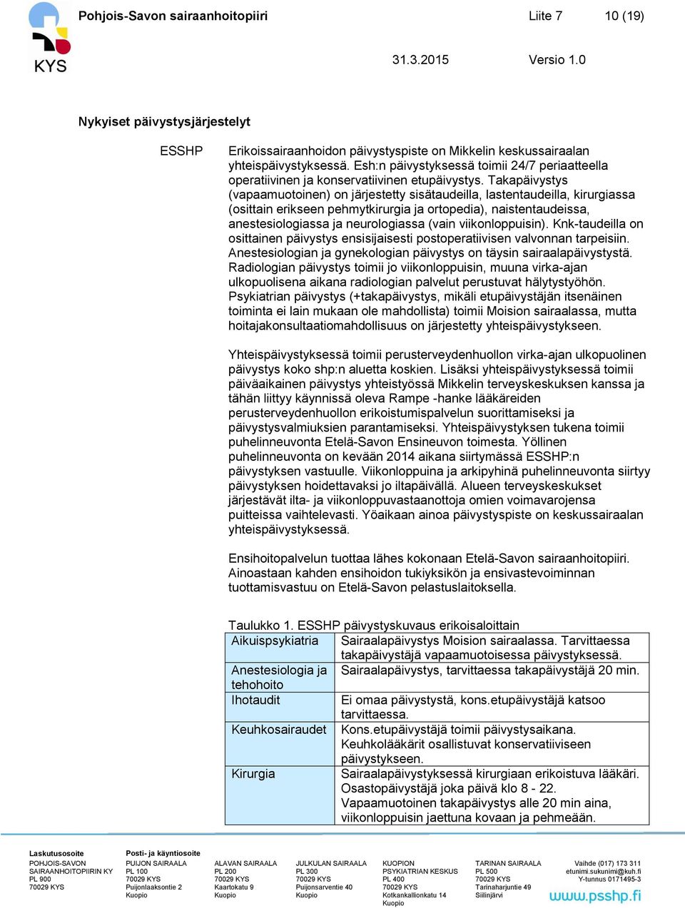 Takapäivystys (vapaamuotoinen) on järjestetty sisätaudeilla, lastentaudeilla, kirurgiassa (osittain erikseen pehmytkirurgia ja ortopedia), naistentaudeissa, anestesiologiassa ja neurologiassa (vain