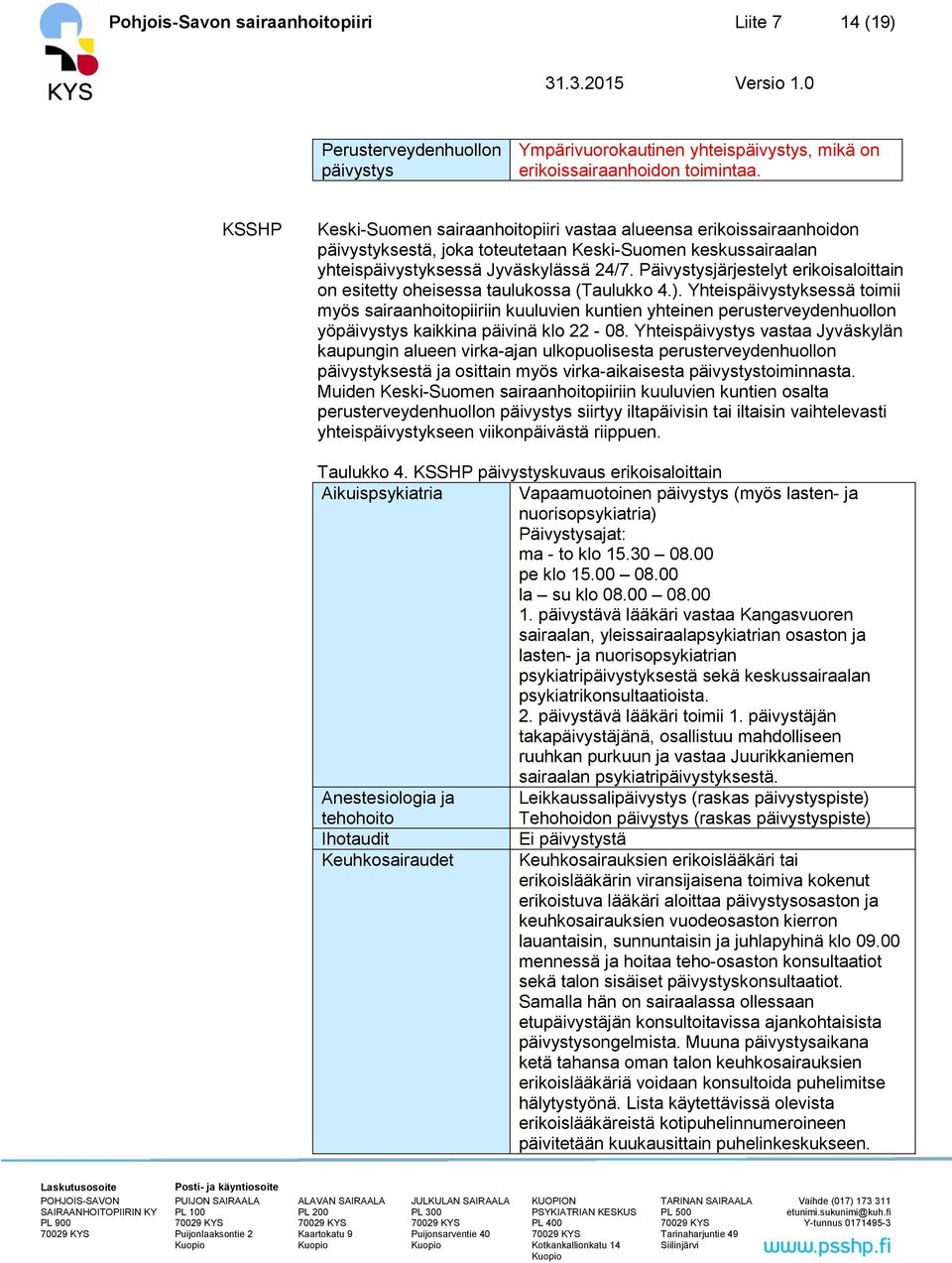 Päivystysjärjestelyt erikoisaloittain on esitetty oheisessa taulukossa (Taulukko 4.).