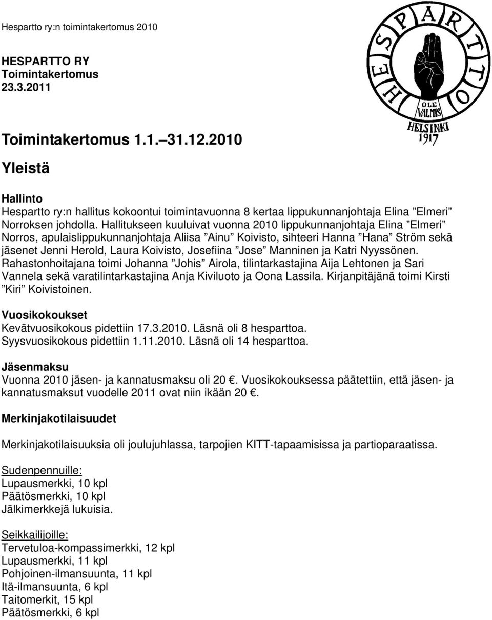 Hallitukseen kuuluivat vuonna 2010 lippukunnanjohtaja Elina Elmeri Norros, apulaislippukunnanjohtaja Aliisa Ainu Koivisto, sihteeri Hanna Hana Ström sekä jäsenet Jenni Herold, Laura Koivisto,