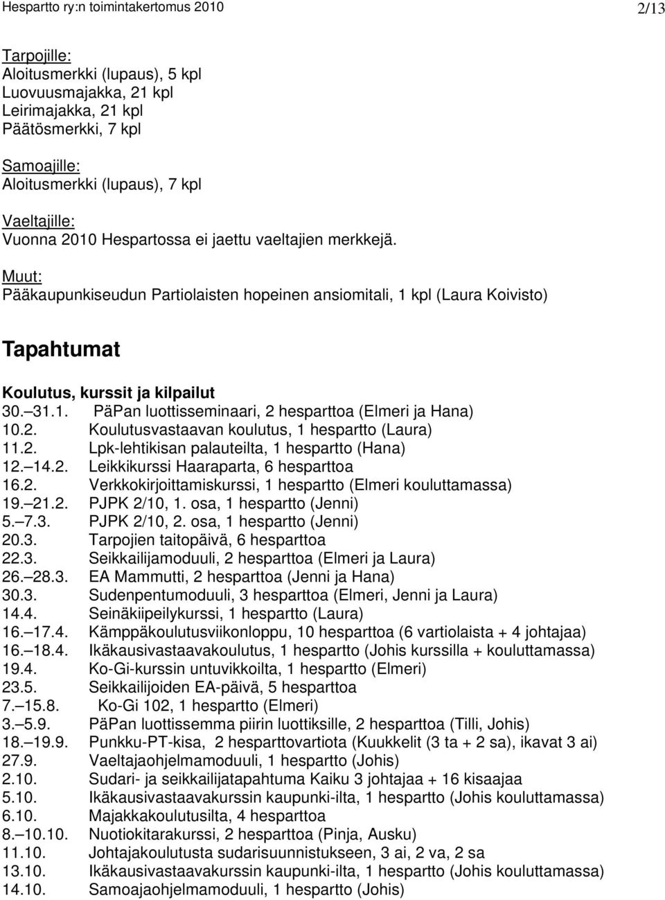 1. PäPan luottisseminaari, 2 hesparttoa (Elmeri ja Hana) 10.2. Koulutusvastaavan koulutus, 1 hespartto (Laura) 11.2. Lpk-lehtikisan palauteilta, 1 hespartto (Hana) 12. 14.2. Leikkikurssi Haaraparta, 6 hesparttoa 16.