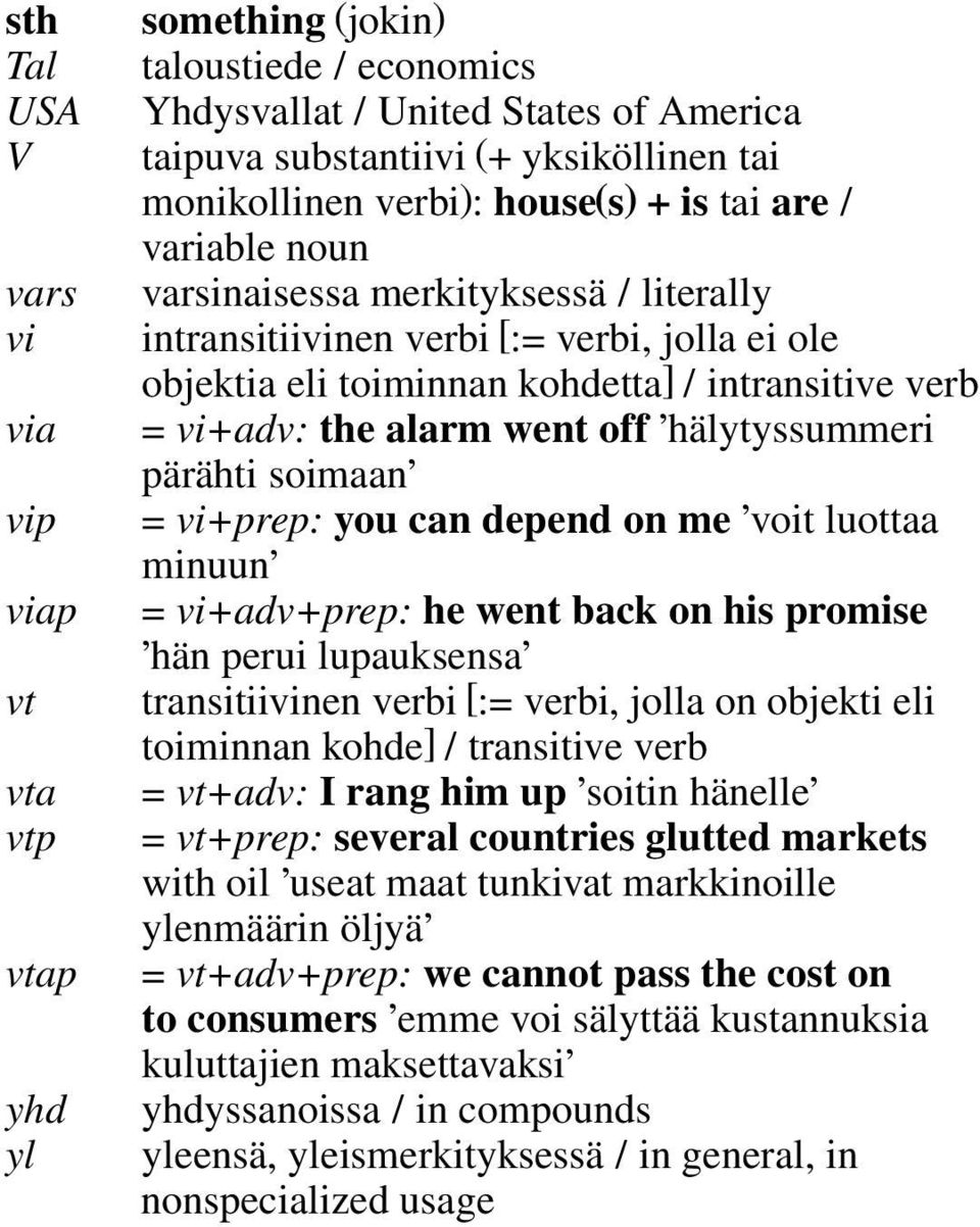 alarm went off hälytyssummeri pärähti soimaan = vi+prep: you can depend on me voit luottaa minuun = vi+adv+prep: he went back on his promise hän perui lupauksensa transitiivinen verbi [:= verbi,