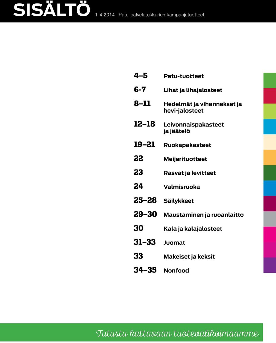 Meijerituotteet 23 Rasvat ja levitteet 24 Valmisruoka 25 28 Säilykkeet 29 30 Maustaminen ja ruoanlaitto