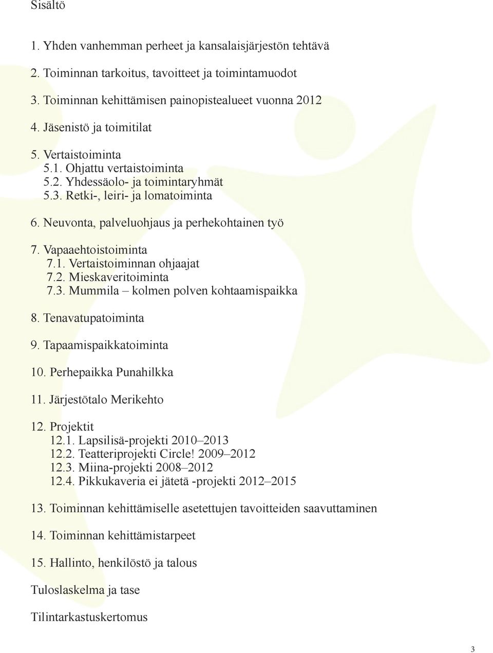 Vapaaehtoistoiminta 7.1. Vertaistoiminnan ohjaajat 7.2. Mieskaveritoiminta 7.3. Mummila kolmen polven kohtaamispaikka 8. Tenavatupatoiminta 9. Tapaamispaikkatoiminta 10. Perhepaikka Punahilkka 11.