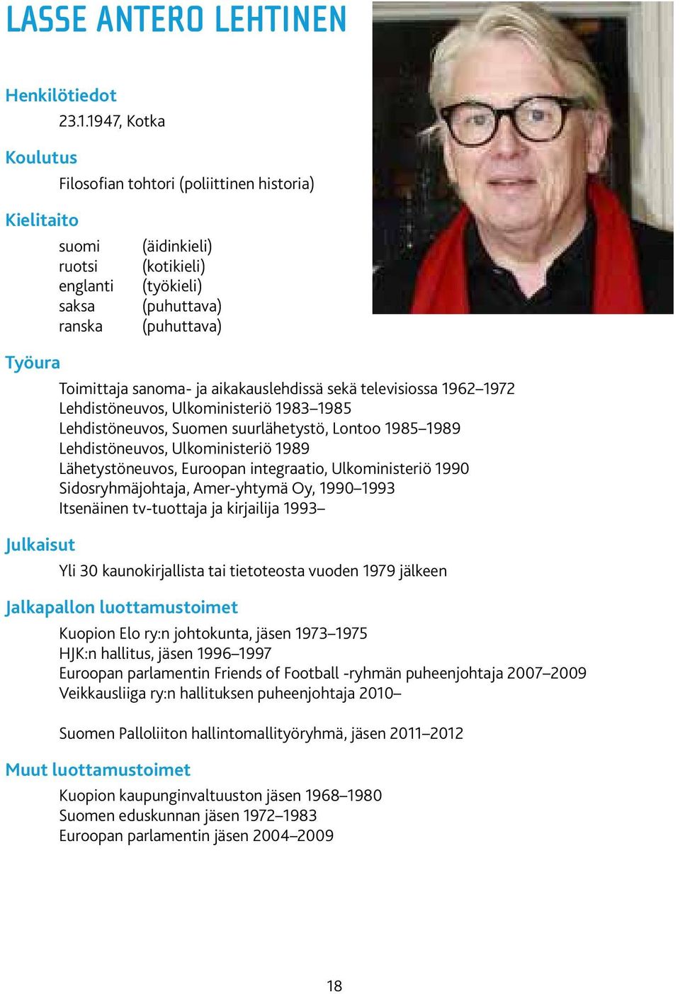 aikakauslehdissä sekä televisiossa 1962 1972 Lehdistöneuvos, Ulkoministeriö 1983 1985 Lehdistöneuvos, Suomen suurlähetystö, Lontoo 1985 1989 Lehdistöneuvos, Ulkoministeriö 1989 Lähetystöneuvos,