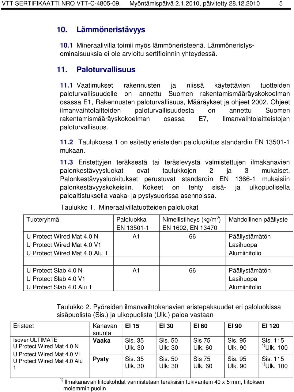 1 Vaatimukset rakennusten ja niissä käytettävien tuotteiden paloturvallisuudelle on annettu Suomen rakentamismääräyskokoelman osassa E1, Rakennusten paloturvallisuus, Määräykset ja ohjeet 2002.