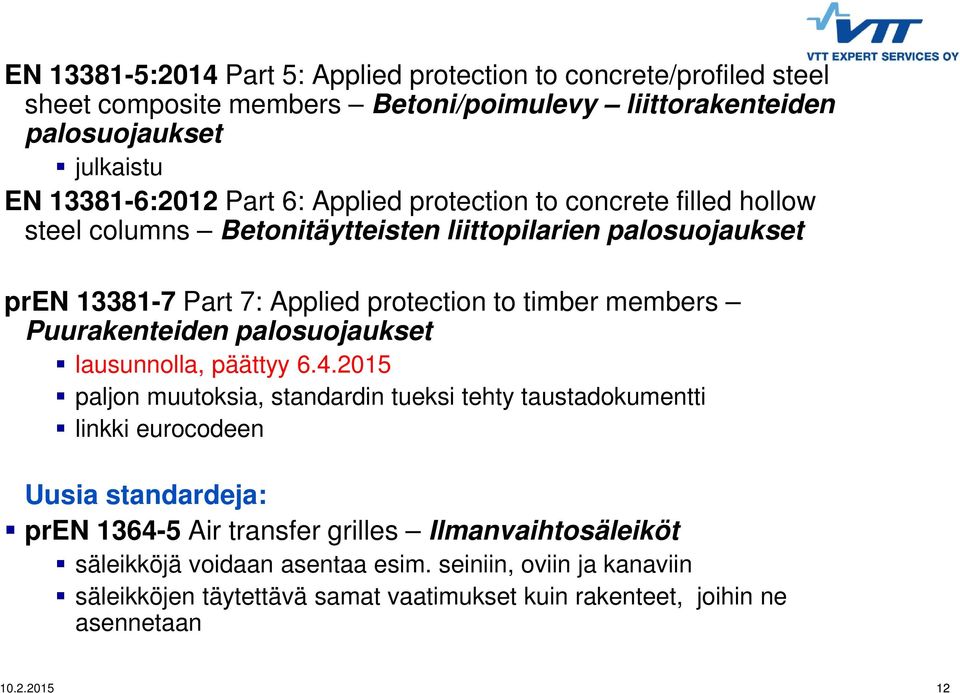 protection to timber members Puurakenteiden palosuojaukset lausunnolla, päättyy 6.4.