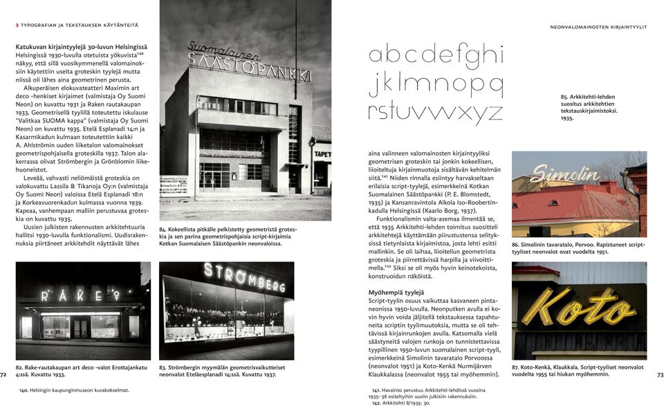 Alkuperäisen elokuvateatteri Maximin art deco -henkiset kirjaimet (valmistaja Oy Suomi Neon) on kuvattu 1931 ja Raken rautakaupan 1933.