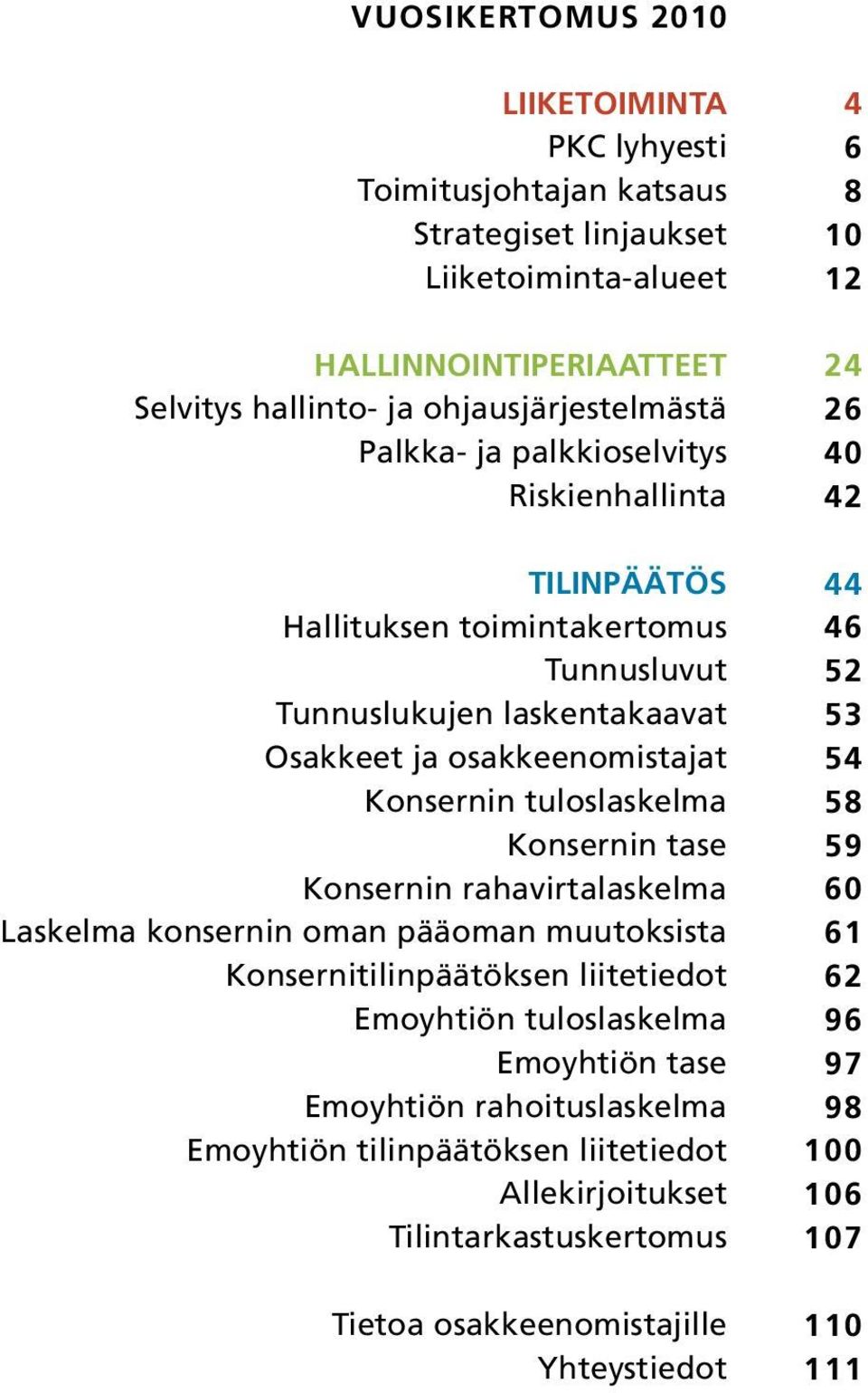 Konsernin tase Konsernin rahavirtalaskelma Laskelma konsernin oman pääoman muutoksista Konsernitilinpäätöksen liitetiedot Emoyhtiön tuloslaskelma Emoyhtiön tase Emoyhtiön rahoituslaskelma