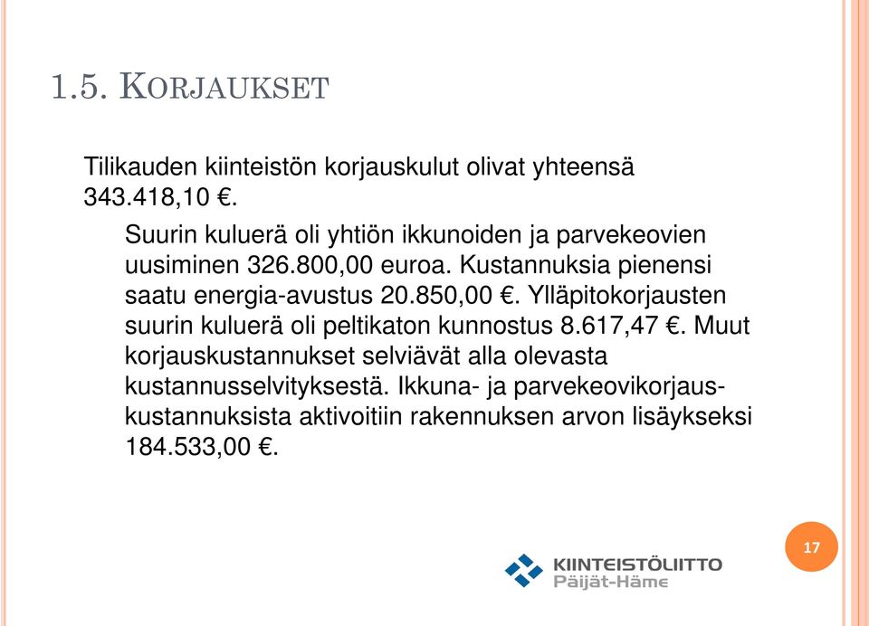 Kustannuksia pienensi saatu energia-avustus 20.850,00.