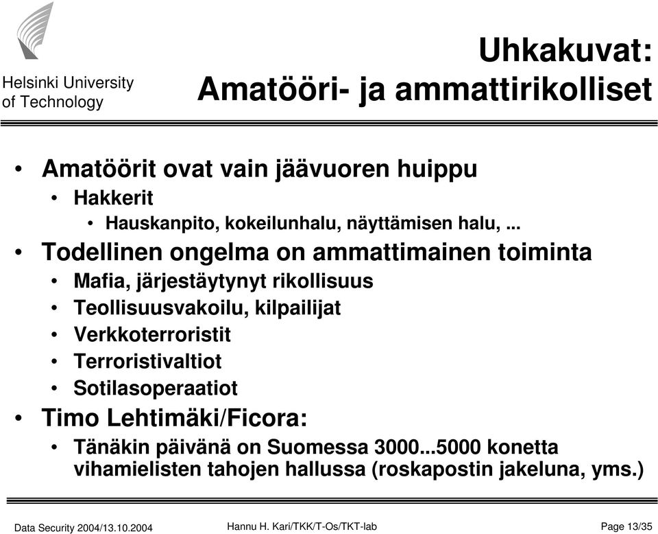 .. Todellinen ongelma on ammattimainen toiminta Mafia, järjestäytynyt rikollisuus Teollisuusvakoilu, kilpailijat