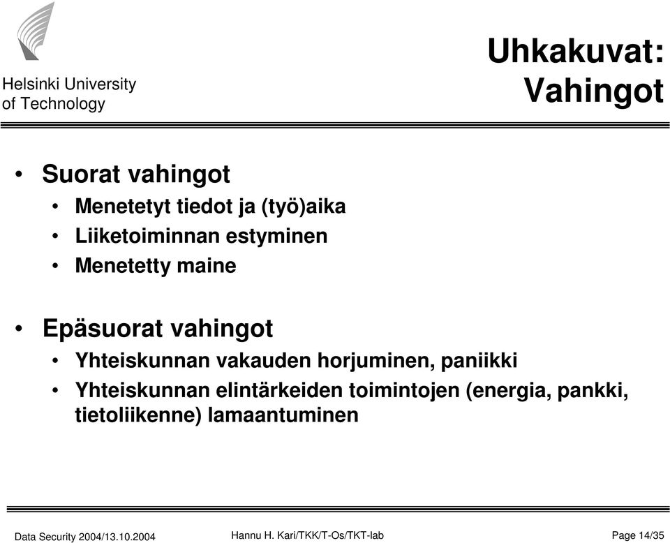 vakauden horjuminen, paniikki Yhteiskunnan elintärkeiden toimintojen