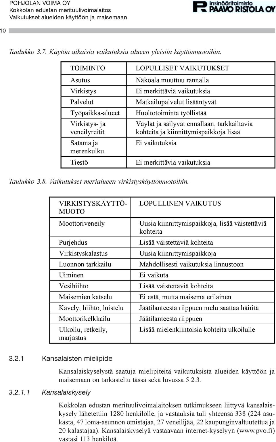 lisääntyvät Huoltotoiminta työllistää Väylät ja säilyvät ennallaan, tarkkailtavia kohteita ja kiinnittymispaikkoja lisää Ei vaikutuksia Ei merkittäviä vaikutuksia Taulukko 3.8.