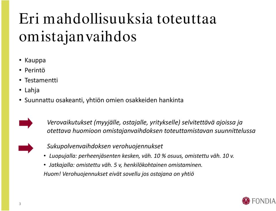 toteuttamistavan suunnittelussa Sukupolvenvaihdoksen verohuojennukset Luopujalla: perheenjäsenten kesken, väh.