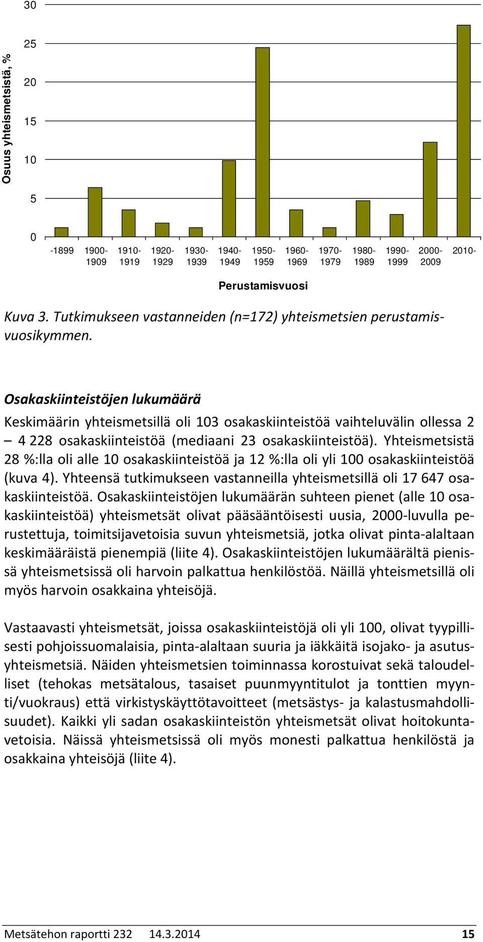 Yhteismetsistä 8 %:lla oli alle osakaskiinteistöä ja %:lla oli yli osakaskiinteistöä (kuva 4). Yhteensä tutkimukseen vastanneilla yhteismetsillä oli 7 47 osakaskiinteistöä.