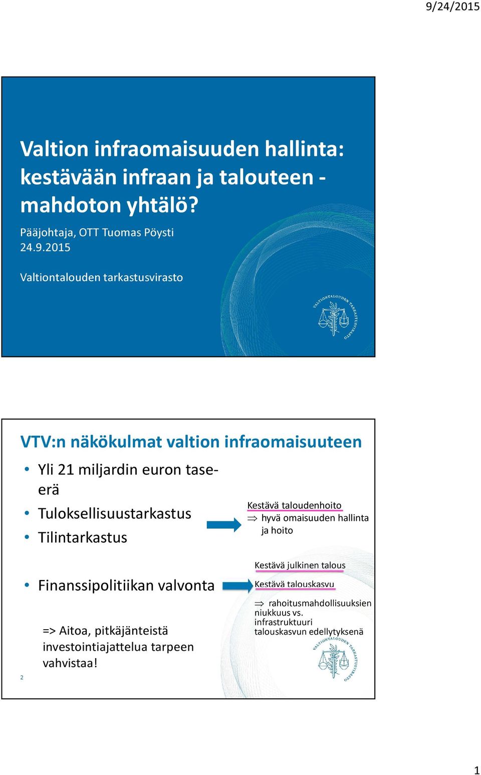 Tilintarkastus Finanssipolitiikan valvonta => Aitoa, pitkäjänteistä investointiajattelua tarpeen vahvistaa!