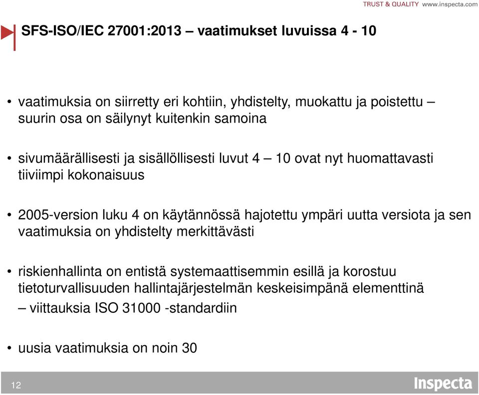 on käytännössä hajotettu ympäri uutta versiota ja sen vaatimuksia on yhdistelty merkittävästi riskienhallinta on entistä systemaattisemmin