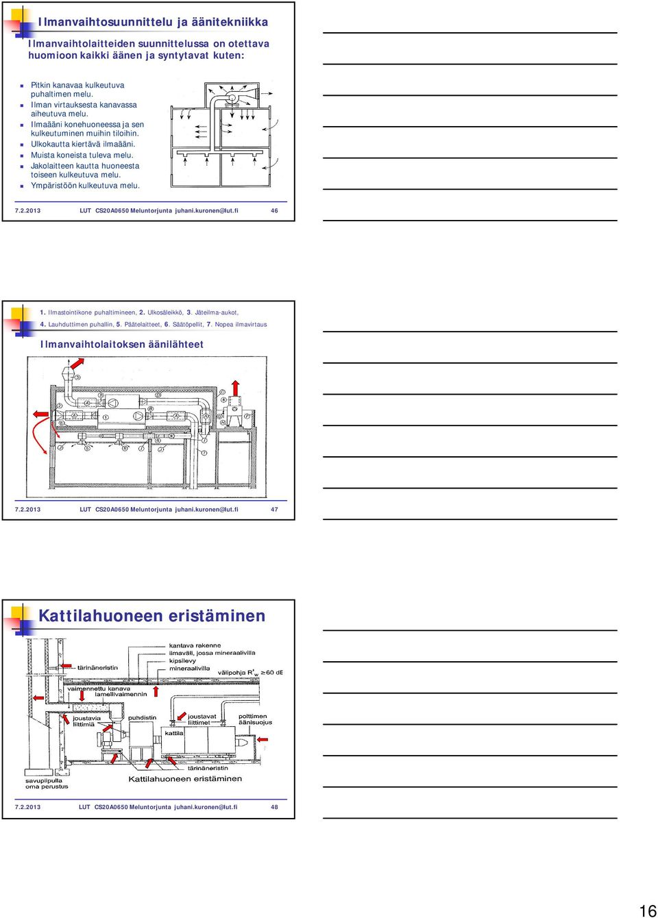 Jakolaitteen kautta huoneesta toiseen kulkeutuva melu. Ympäristöön kulkeutuva melu. 7..013 LUT CS0A0650 Meluntorjunta juhani.kuronen@lut.fi 46 1. Ilmastointikone puhaltimineen,. Ulkosäleikkö, 3.