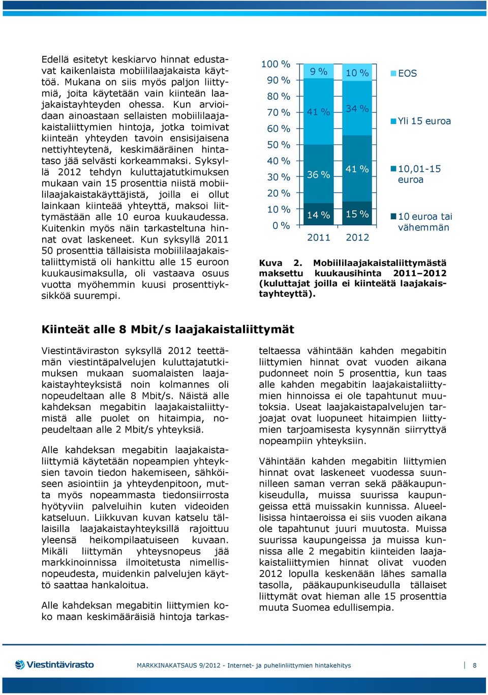 Syksyllä 2012 tehdyn kuluttajatutkimuksen mukaan vain 15 prosenttia niistä mobiililaajakaistakäyttäjistä, joilla ei ollut lainkaan kiinteää yhteyttä, maksoi liittymästään alle 10 euroa kuukaudessa.