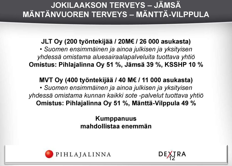 Jämsä 39 %, KSSHP 10 % MVT Oy (400 työntekijää / 40 M / 11 000 asukasta) Suomen ensimmäinen ja ainoa julkisen ja yksityisen